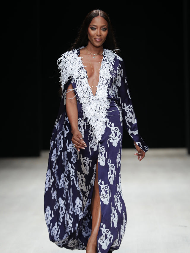 Naomi Campbell wearing a dress from Nigerian designer Tiffany Amber at Arise Fashion Week 2019
